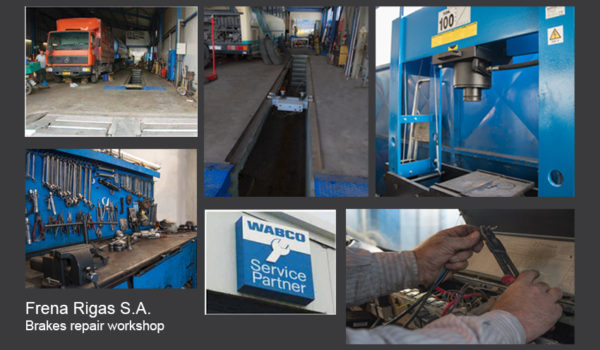 Electronic repair services, Wabco Service Partner external logo, workbench with tools, brake tester machine